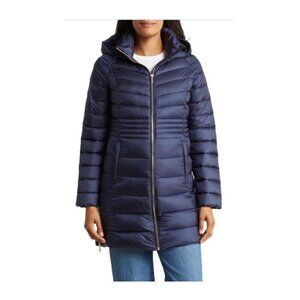 Michael Kors Womens Blue Puffer Full Zip Hooded Mid Length Coat Sz L New